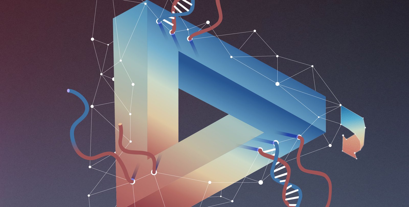 A triangle shape similar to a recycling symbol with DNA strands in various states of binding on its sides