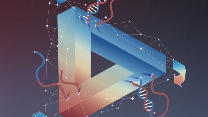 A triangle shape similar to a recycling symbol with DNA strands in various states of binding on its sides