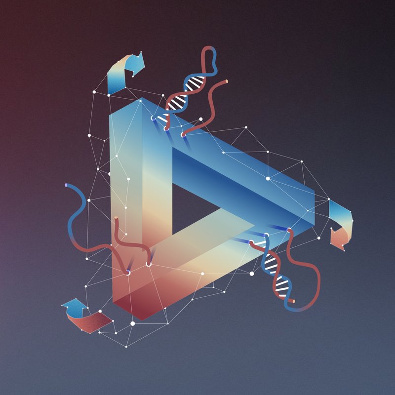 A triangle shape similar to a recycling symbol with DNA strands in various states of binding on its sides