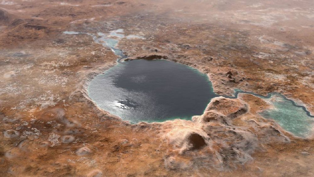 A large crater on Mars is filled with water, appearing as a lake with rivers emptying into it.