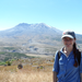 A person stands in front of a distant volcano