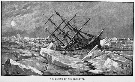 A woodcut showing the U.S.S. Jeannette being crushed by sea ice. 